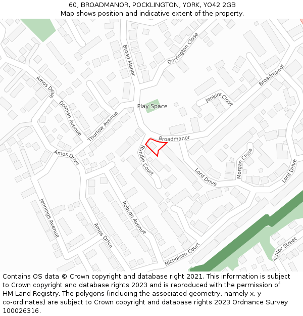 60, BROADMANOR, POCKLINGTON, YORK, YO42 2GB: Location map and indicative extent of plot