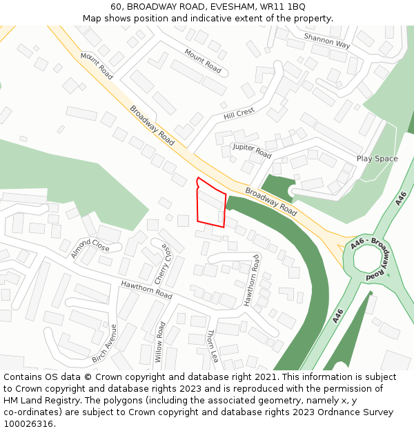 60, BROADWAY ROAD, EVESHAM, WR11 1BQ: Location map and indicative extent of plot