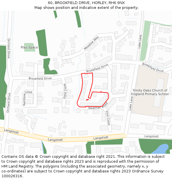 60, BROOKFIELD DRIVE, HORLEY, RH6 9NX: Location map and indicative extent of plot