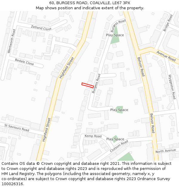 60, BURGESS ROAD, COALVILLE, LE67 3PX: Location map and indicative extent of plot