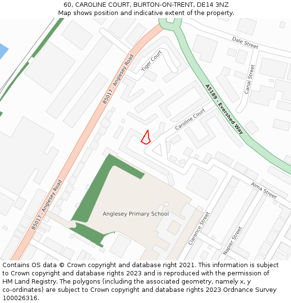 60, CAROLINE COURT, BURTON-ON-TRENT, DE14 3NZ: Location map and indicative extent of plot