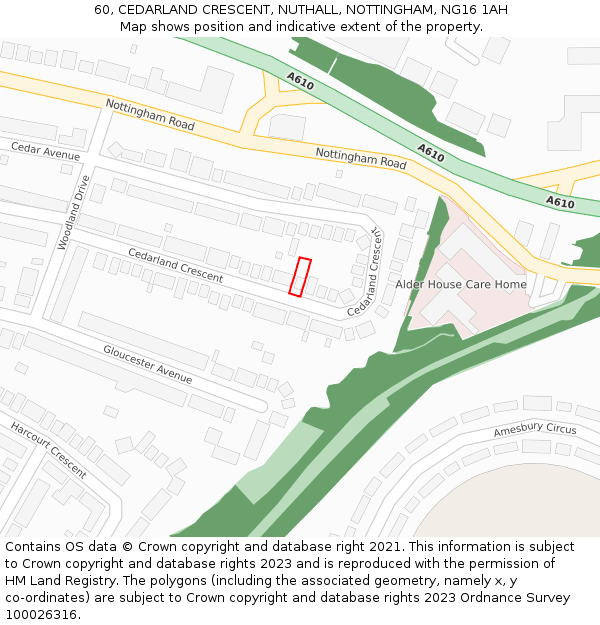 60, CEDARLAND CRESCENT, NUTHALL, NOTTINGHAM, NG16 1AH: Location map and indicative extent of plot