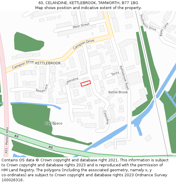 60, CELANDINE, KETTLEBROOK, TAMWORTH, B77 1BG: Location map and indicative extent of plot