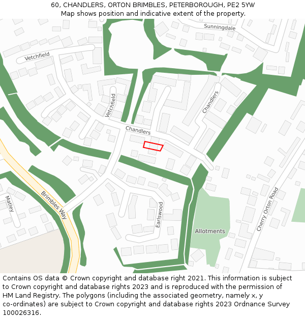 60, CHANDLERS, ORTON BRIMBLES, PETERBOROUGH, PE2 5YW: Location map and indicative extent of plot