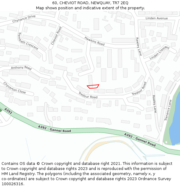 60, CHEVIOT ROAD, NEWQUAY, TR7 2EQ: Location map and indicative extent of plot