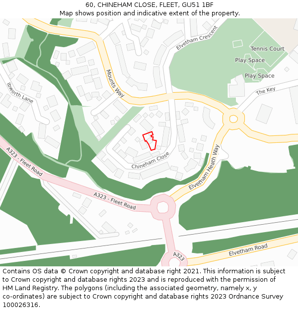 60, CHINEHAM CLOSE, FLEET, GU51 1BF: Location map and indicative extent of plot