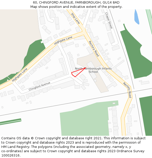60, CHINGFORD AVENUE, FARNBOROUGH, GU14 8AD: Location map and indicative extent of plot