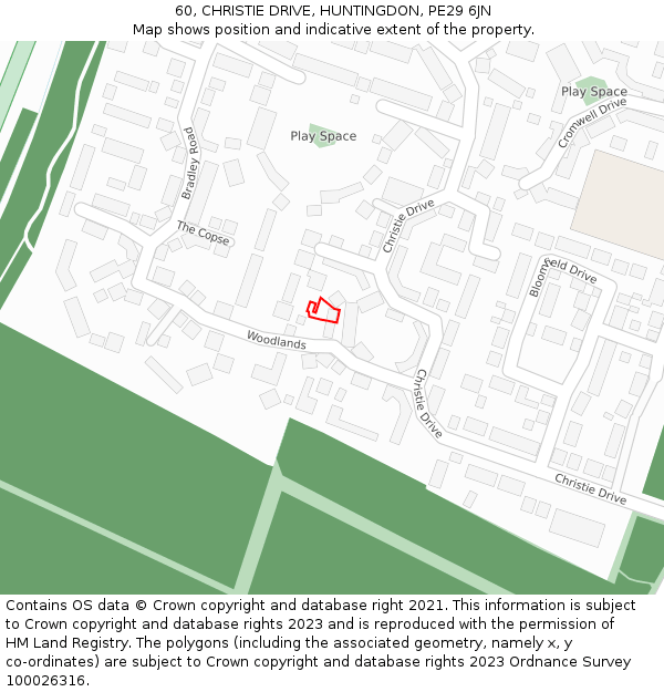 60, CHRISTIE DRIVE, HUNTINGDON, PE29 6JN: Location map and indicative extent of plot