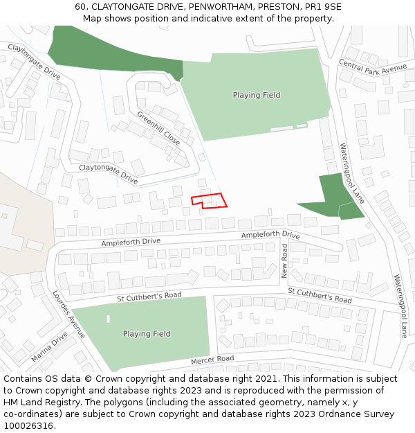 60, CLAYTONGATE DRIVE, PENWORTHAM, PRESTON, PR1 9SE: Location map and indicative extent of plot