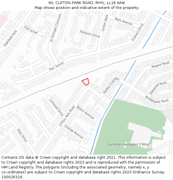 60, CLIFTON PARK ROAD, RHYL, LL18 4AW: Location map and indicative extent of plot