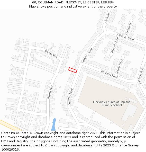 60, COLEMAN ROAD, FLECKNEY, LEICESTER, LE8 8BH: Location map and indicative extent of plot