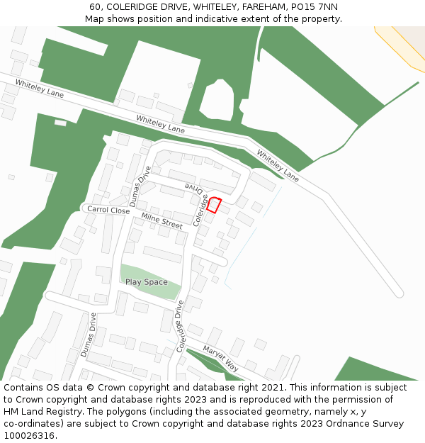 60, COLERIDGE DRIVE, WHITELEY, FAREHAM, PO15 7NN: Location map and indicative extent of plot