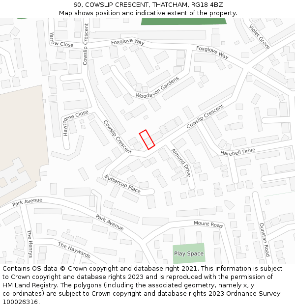 60, COWSLIP CRESCENT, THATCHAM, RG18 4BZ: Location map and indicative extent of plot
