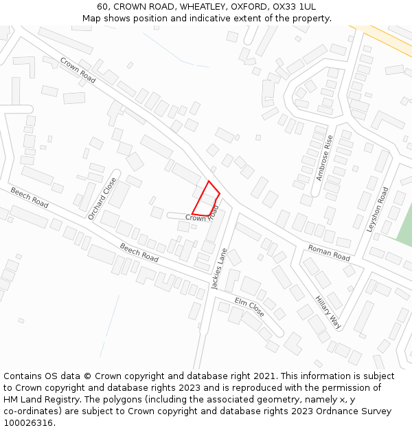 60, CROWN ROAD, WHEATLEY, OXFORD, OX33 1UL: Location map and indicative extent of plot