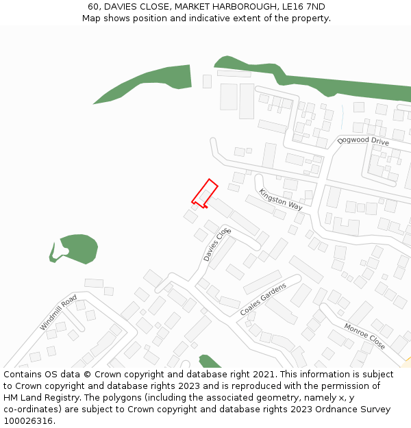 60, DAVIES CLOSE, MARKET HARBOROUGH, LE16 7ND: Location map and indicative extent of plot