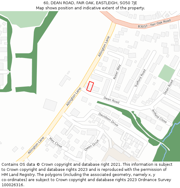 60, DEAN ROAD, FAIR OAK, EASTLEIGH, SO50 7JE: Location map and indicative extent of plot