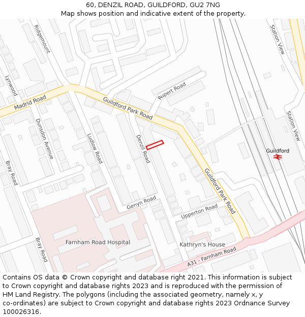 60, DENZIL ROAD, GUILDFORD, GU2 7NG: Location map and indicative extent of plot