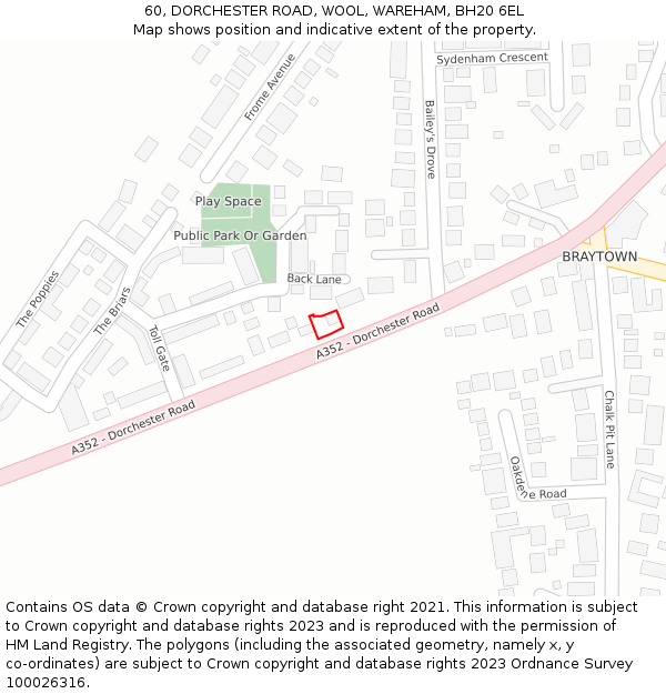 60, DORCHESTER ROAD, WOOL, WAREHAM, BH20 6EL: Location map and indicative extent of plot