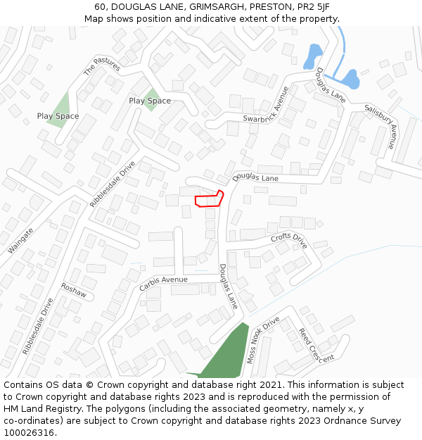 60, DOUGLAS LANE, GRIMSARGH, PRESTON, PR2 5JF: Location map and indicative extent of plot