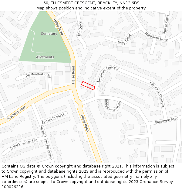 60, ELLESMERE CRESCENT, BRACKLEY, NN13 6BS: Location map and indicative extent of plot