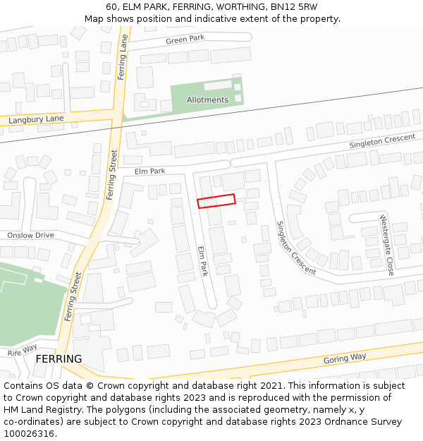 60, ELM PARK, FERRING, WORTHING, BN12 5RW: Location map and indicative extent of plot