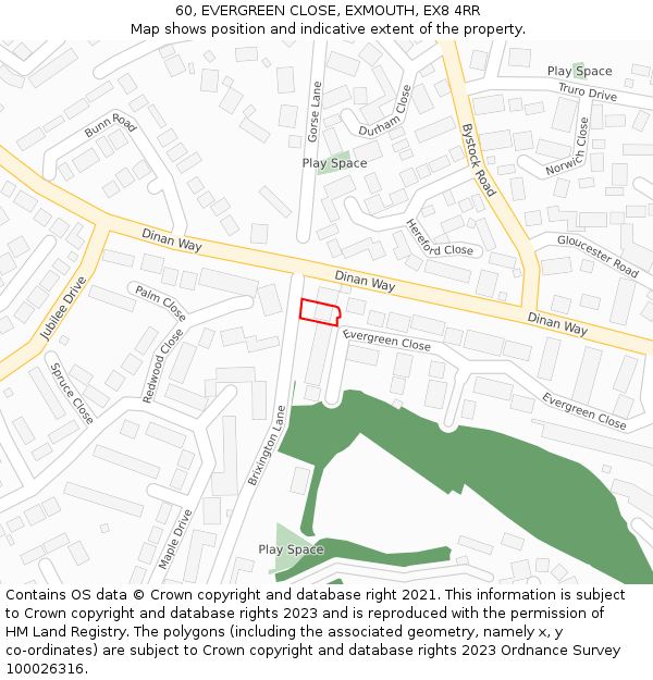 60, EVERGREEN CLOSE, EXMOUTH, EX8 4RR: Location map and indicative extent of plot