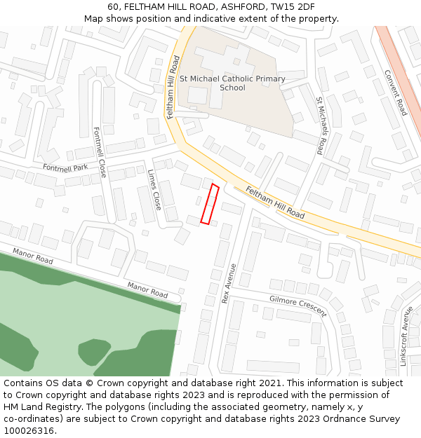 60, FELTHAM HILL ROAD, ASHFORD, TW15 2DF: Location map and indicative extent of plot