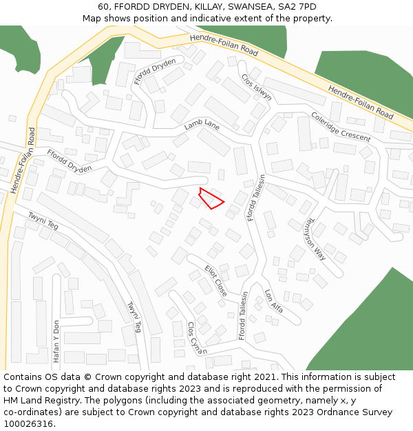 60, FFORDD DRYDEN, KILLAY, SWANSEA, SA2 7PD: Location map and indicative extent of plot