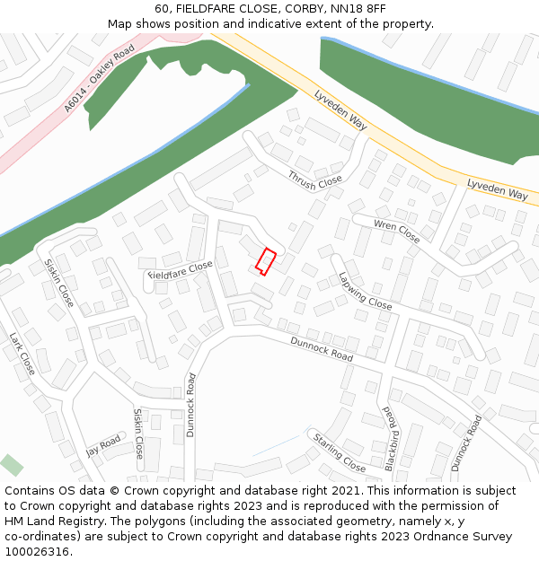 60, FIELDFARE CLOSE, CORBY, NN18 8FF: Location map and indicative extent of plot