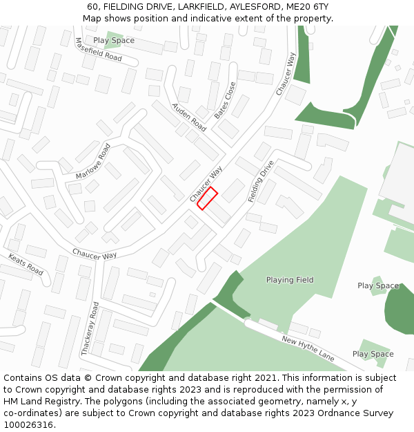 60, FIELDING DRIVE, LARKFIELD, AYLESFORD, ME20 6TY: Location map and indicative extent of plot