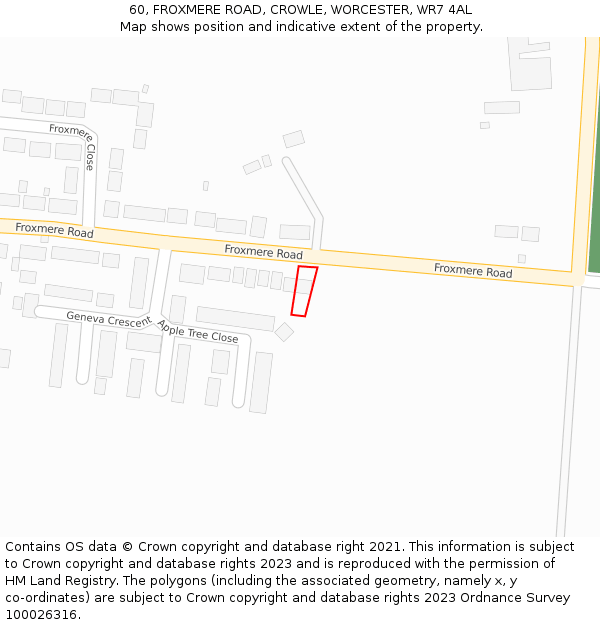 60, FROXMERE ROAD, CROWLE, WORCESTER, WR7 4AL: Location map and indicative extent of plot