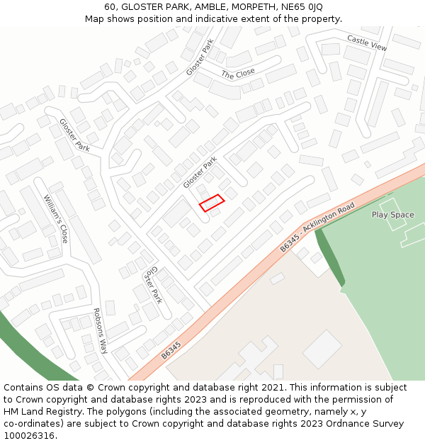 60, GLOSTER PARK, AMBLE, MORPETH, NE65 0JQ: Location map and indicative extent of plot