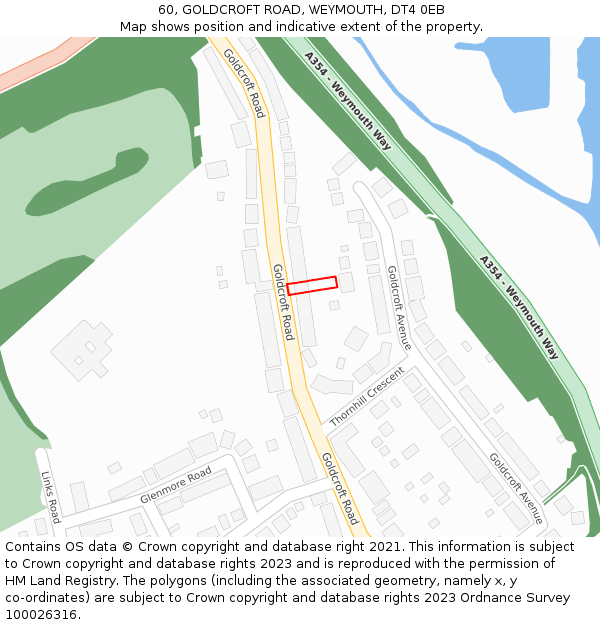 60, GOLDCROFT ROAD, WEYMOUTH, DT4 0EB: Location map and indicative extent of plot