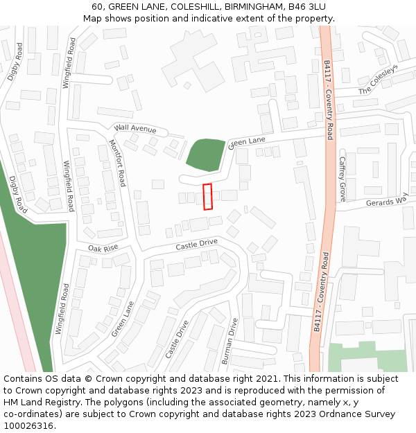 60, GREEN LANE, COLESHILL, BIRMINGHAM, B46 3LU: Location map and indicative extent of plot