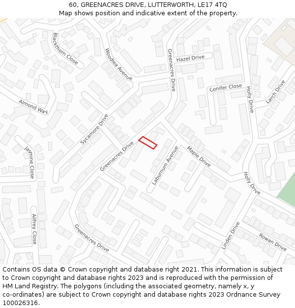 60, GREENACRES DRIVE, LUTTERWORTH, LE17 4TQ: Location map and indicative extent of plot