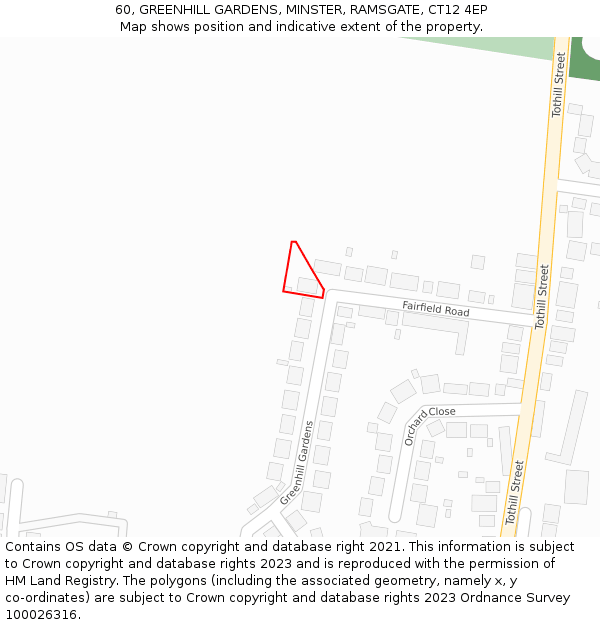 60, GREENHILL GARDENS, MINSTER, RAMSGATE, CT12 4EP: Location map and indicative extent of plot