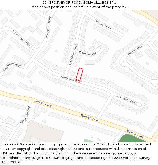 60, GROSVENOR ROAD, SOLIHULL, B91 3PU: Location map and indicative extent of plot