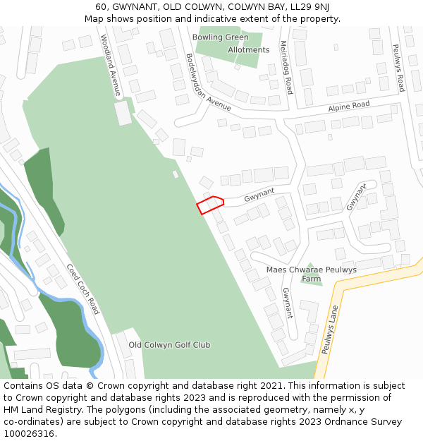 60, GWYNANT, OLD COLWYN, COLWYN BAY, LL29 9NJ: Location map and indicative extent of plot