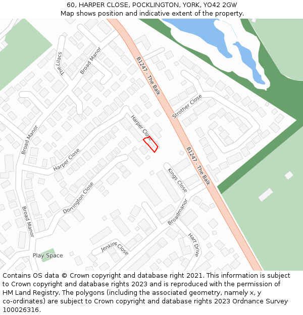 60, HARPER CLOSE, POCKLINGTON, YORK, YO42 2GW: Location map and indicative extent of plot