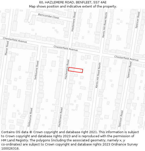 60, HAZLEMERE ROAD, BENFLEET, SS7 4AE: Location map and indicative extent of plot