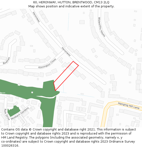 60, HERONWAY, HUTTON, BRENTWOOD, CM13 2LQ: Location map and indicative extent of plot