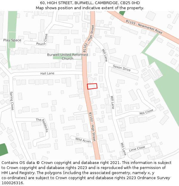 60, HIGH STREET, BURWELL, CAMBRIDGE, CB25 0HD: Location map and indicative extent of plot