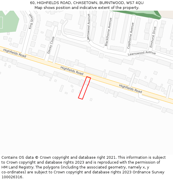 60, HIGHFIELDS ROAD, CHASETOWN, BURNTWOOD, WS7 4QU: Location map and indicative extent of plot