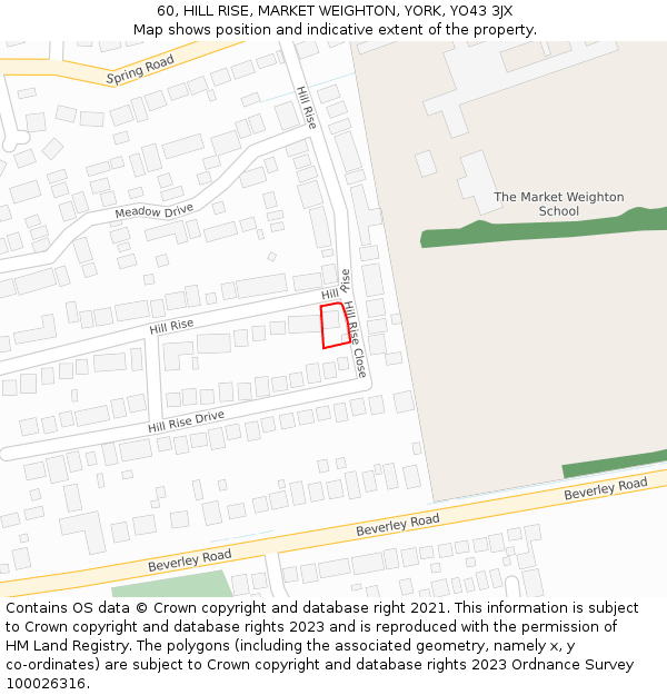 60, HILL RISE, MARKET WEIGHTON, YORK, YO43 3JX: Location map and indicative extent of plot