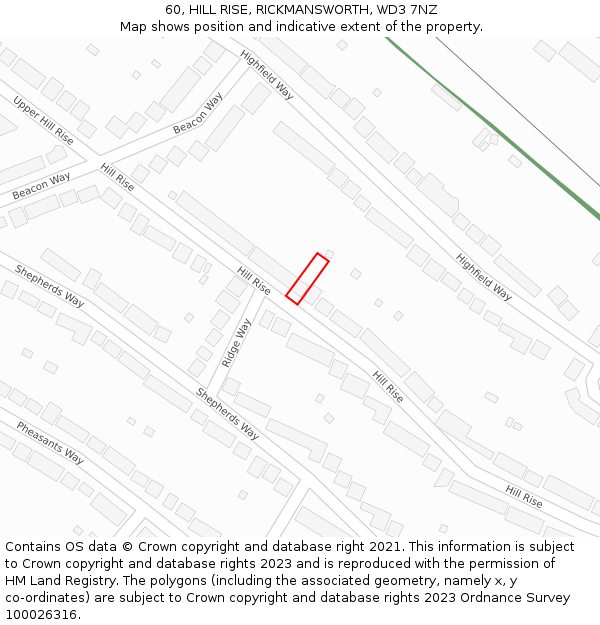 60, HILL RISE, RICKMANSWORTH, WD3 7NZ: Location map and indicative extent of plot