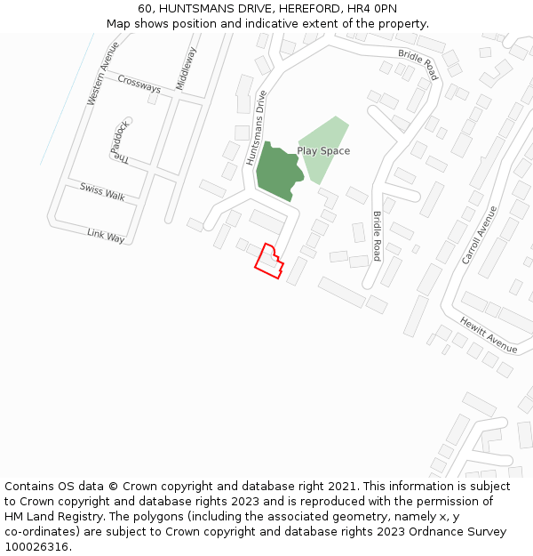 60, HUNTSMANS DRIVE, HEREFORD, HR4 0PN: Location map and indicative extent of plot