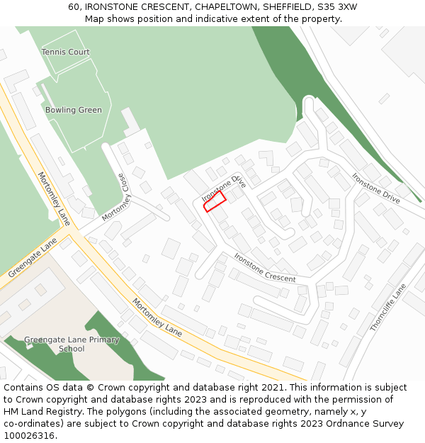 60, IRONSTONE CRESCENT, CHAPELTOWN, SHEFFIELD, S35 3XW: Location map and indicative extent of plot