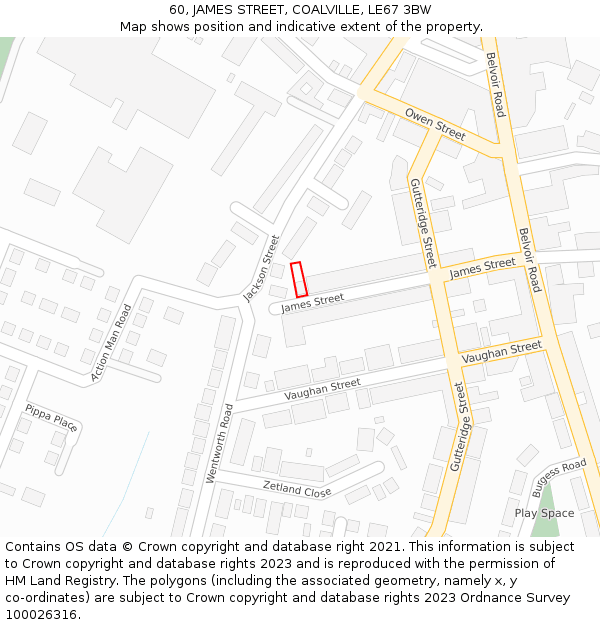60, JAMES STREET, COALVILLE, LE67 3BW: Location map and indicative extent of plot