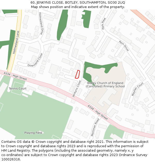 60, JENKYNS CLOSE, BOTLEY, SOUTHAMPTON, SO30 2UQ: Location map and indicative extent of plot