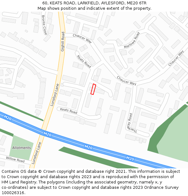 60, KEATS ROAD, LARKFIELD, AYLESFORD, ME20 6TR: Location map and indicative extent of plot